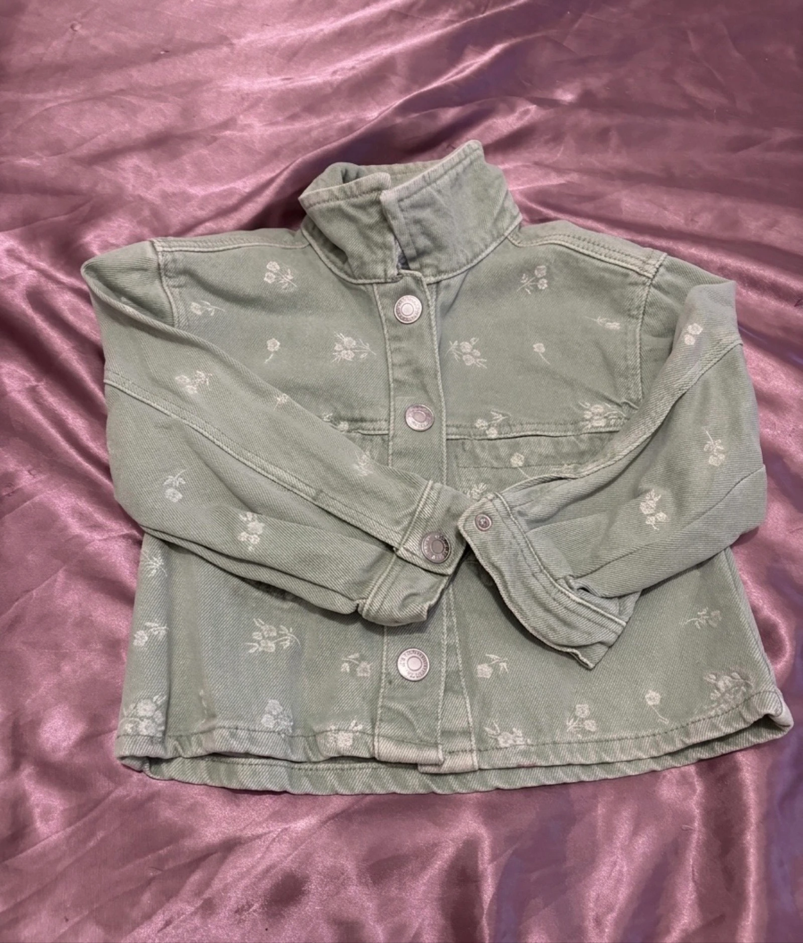 Jaqueta Jeans Infantil Verde-Menta com Estampa Floral